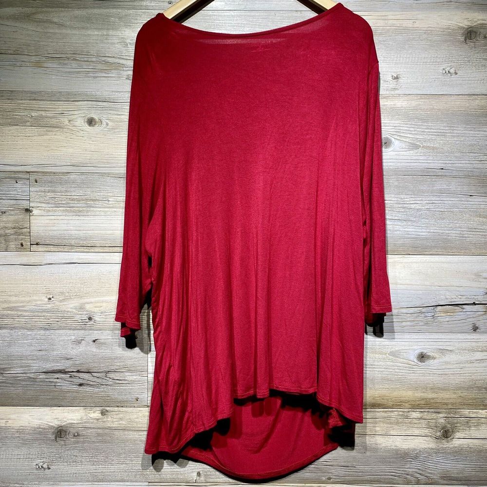 Catherines Women’s 2X Red Sequin Drape Neck Layered Look Stretch 3/4 Sleeve Top - Picture 3 of 8